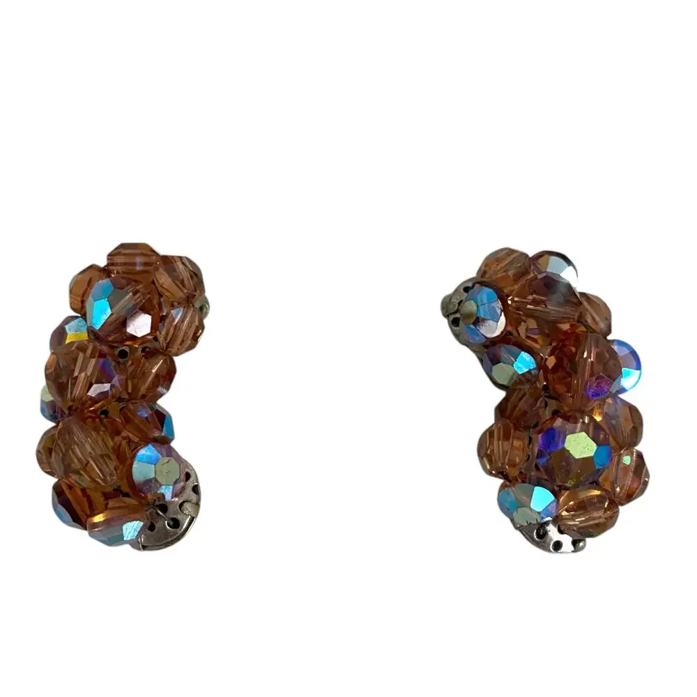 Smoky Topaz Rootbeer Rhinestone Bead Brass Cap Kidney Shape Clip On Earrings